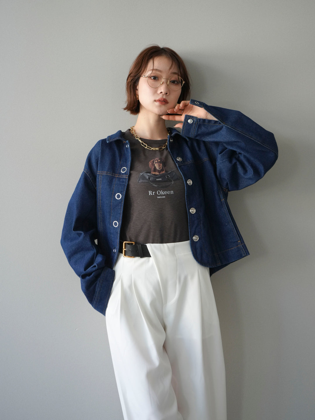 [SET]ラウンドカットコンパクトデニムジャケット+ドッグコンパクトTEE+アシンメトリーベルトタックワイドパンツ(3set)