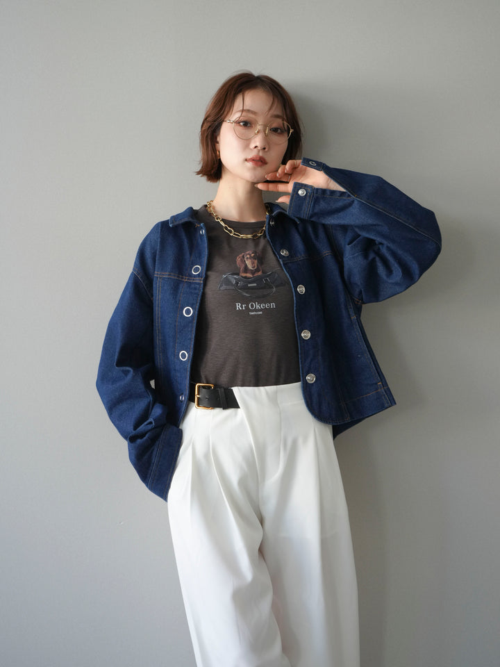 [SET]ラウンドカットコンパクトデニムジャケット+ドッグコンパクトTEE+アシンメトリーベルトタックワイドパンツ(3set)