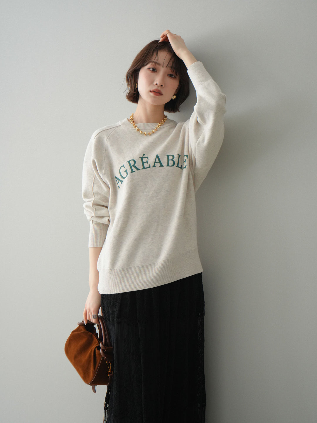 [予約]半ラバープリントロゴスウェットライクニットプルオーバー/oatmeal