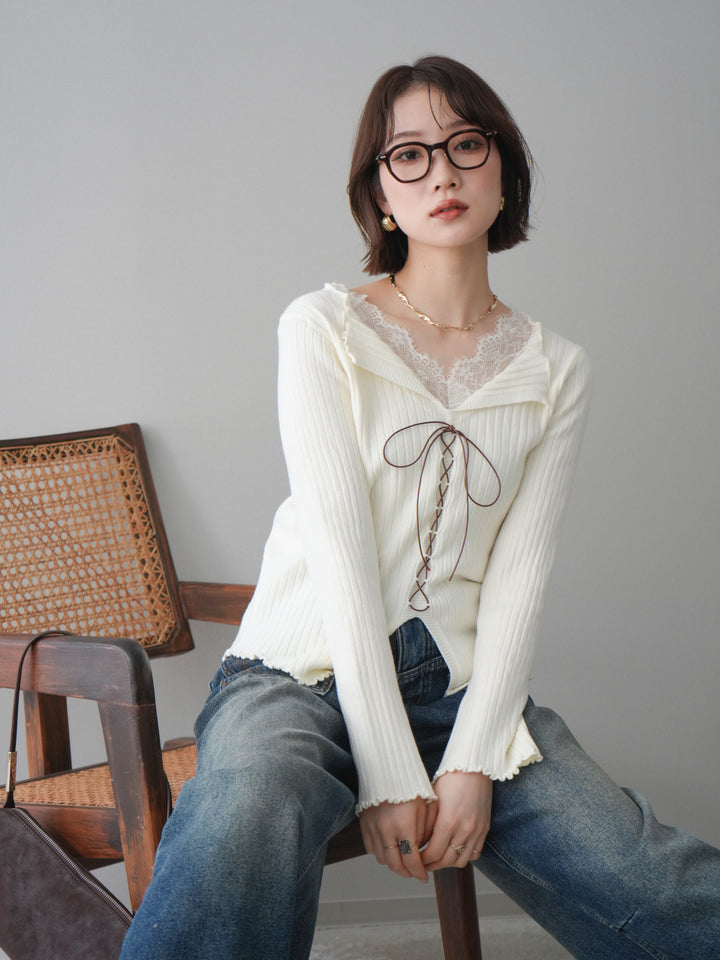 [予約]レースネックレースアップリブニットトップス/ivory