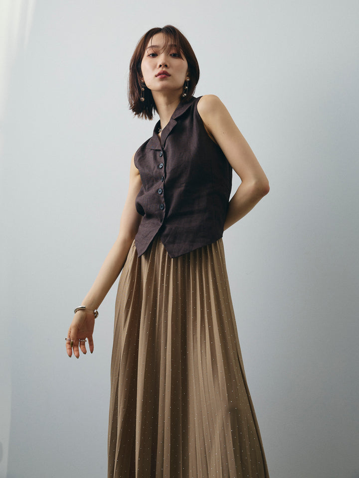 [SET]リネンライクテーラードジレ+ラインストーンプリーツスカート(2set)
