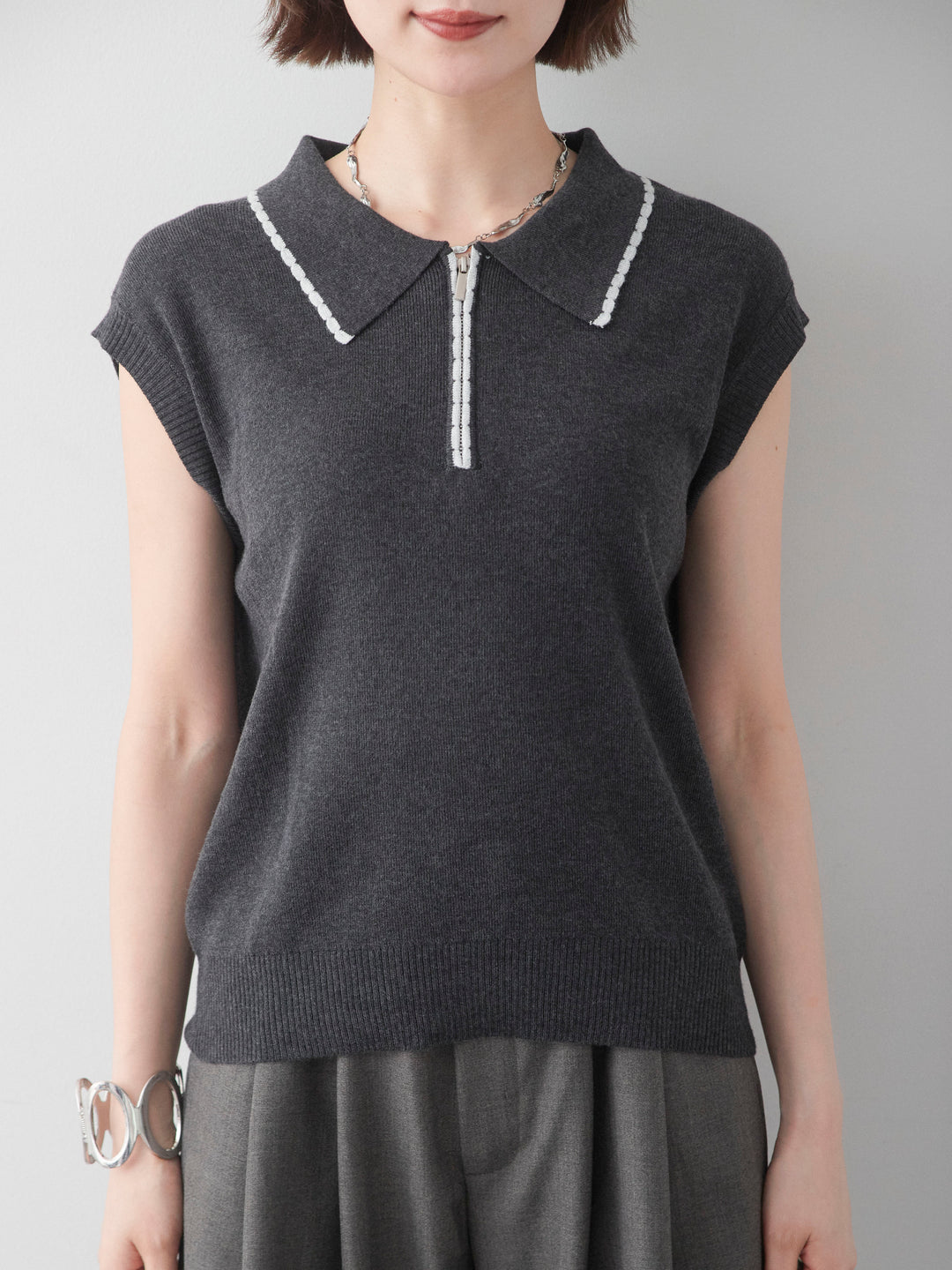 [予約]バイカラーハーフジップポロニットトップス/darkgray