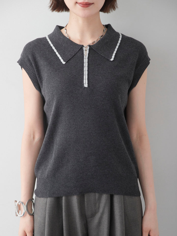 [予約]バイカラーハーフジップポロニットトップス/darkgray