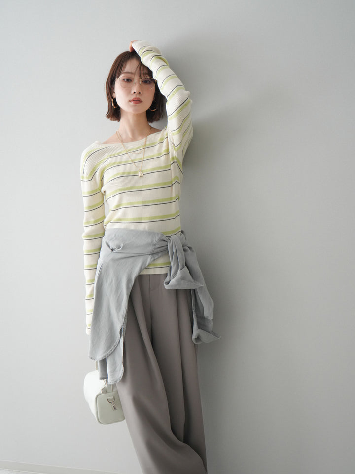 [予約]バックオープンテレコリブマルチボーダートップス/ivory