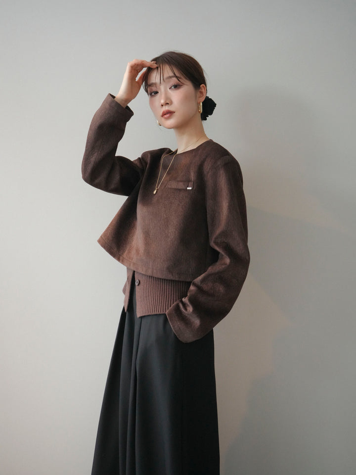 [予約]リブニットレイヤードスエードプルオーバー/brown