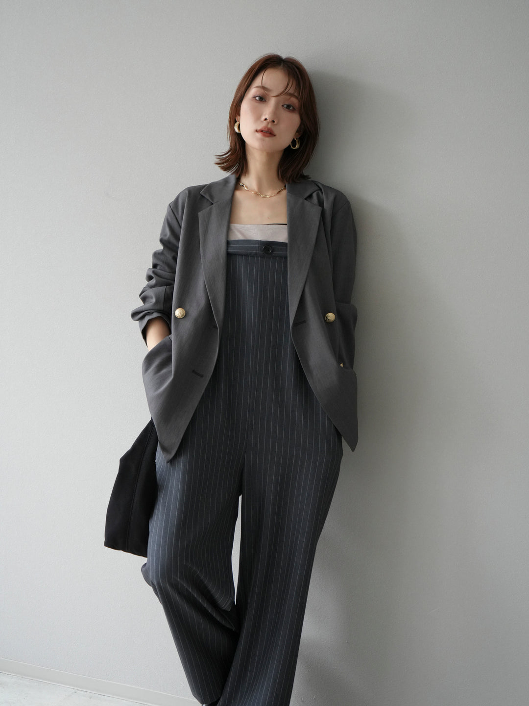 [予約]サテン切替ピンストライプサロペット/グレー