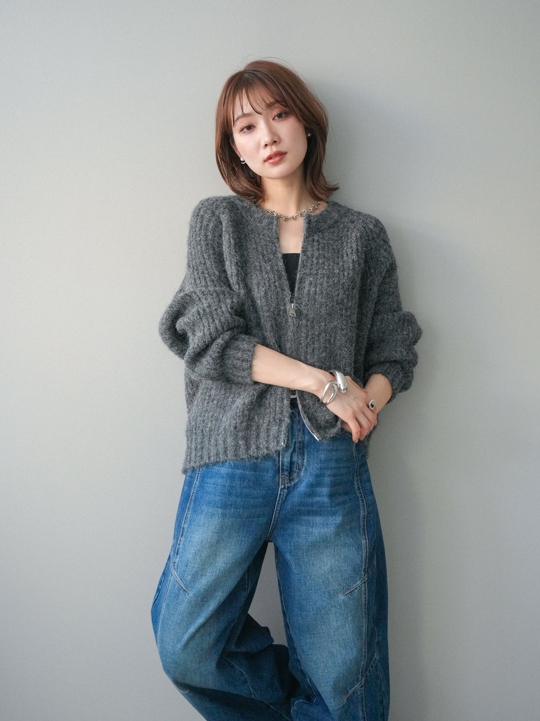 [予約]MIXヤーンモヘアタッチZIPニットカーディガン/gray