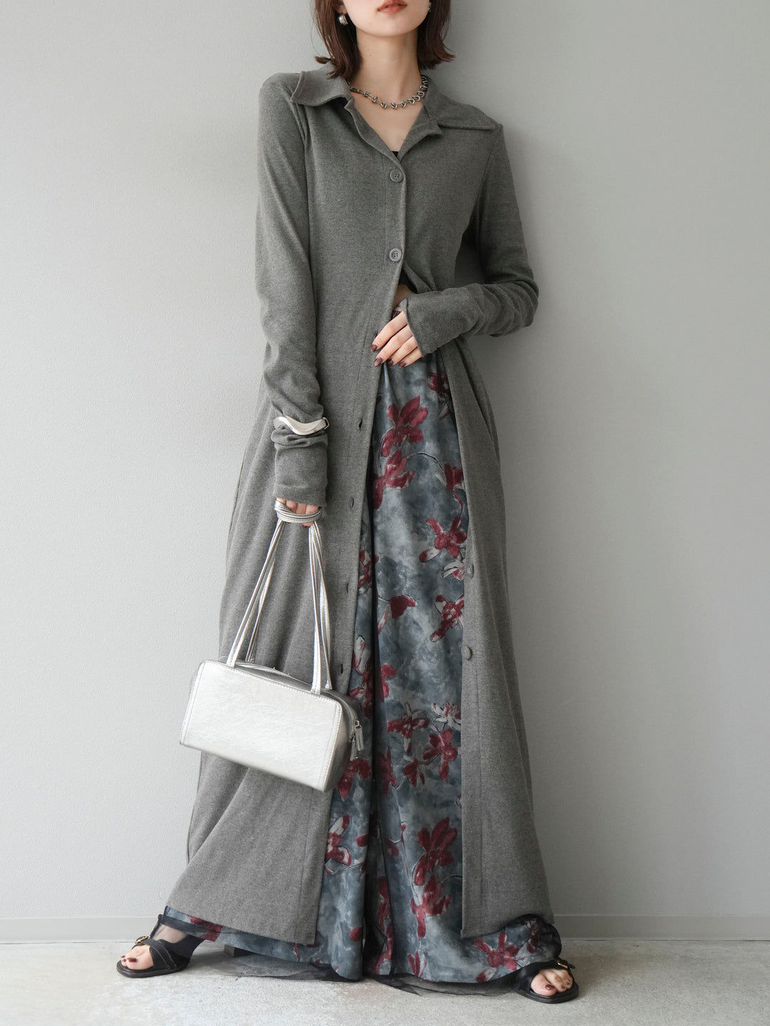 [SET]襟付きカットリブボタンワンピース+フラワープリントチュールレイヤードパンツ(2set)