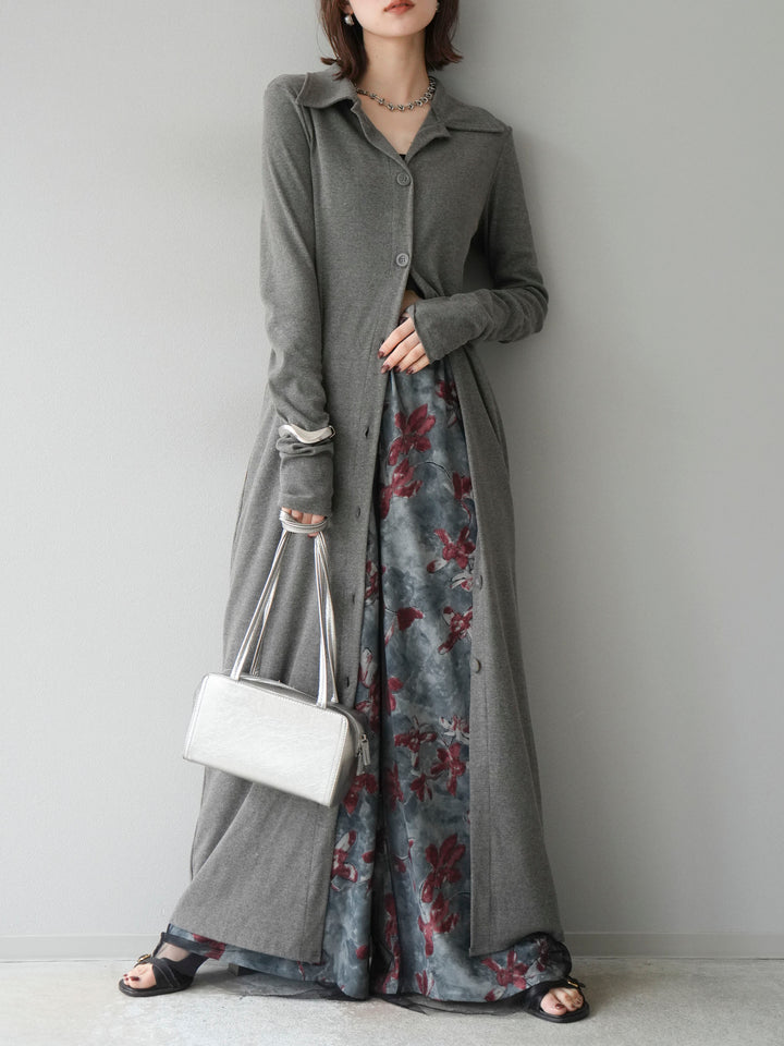 [SET]襟付きカットリブボタンワンピース+フラワープリントチュールレイヤードパンツ(2set)