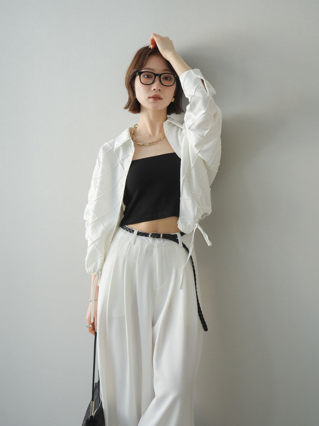 [SET]パイピングクロスデザインブラウス+編み込みベルト付タックワイドパンツ(2set)