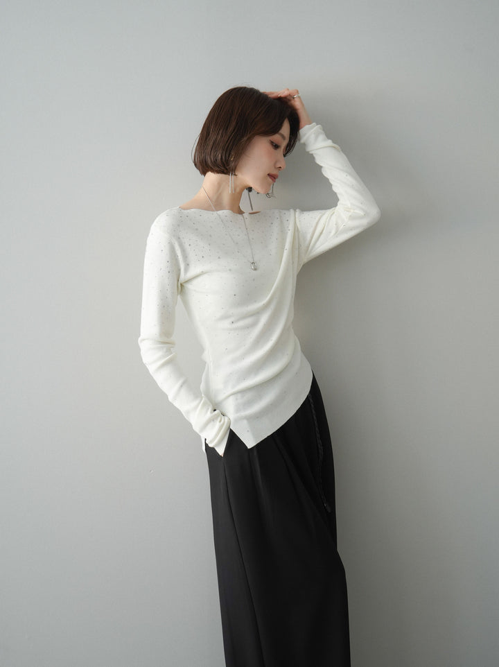 [予約]ラインストーンアシンメトリーニットトップス/ivory