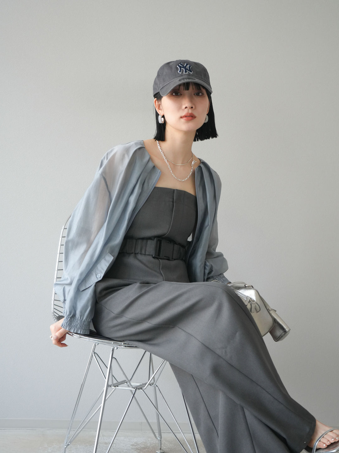 [SET]タックデザインシアーブルゾン+ヘザーツイルベルト付ベアサロペット(2set)