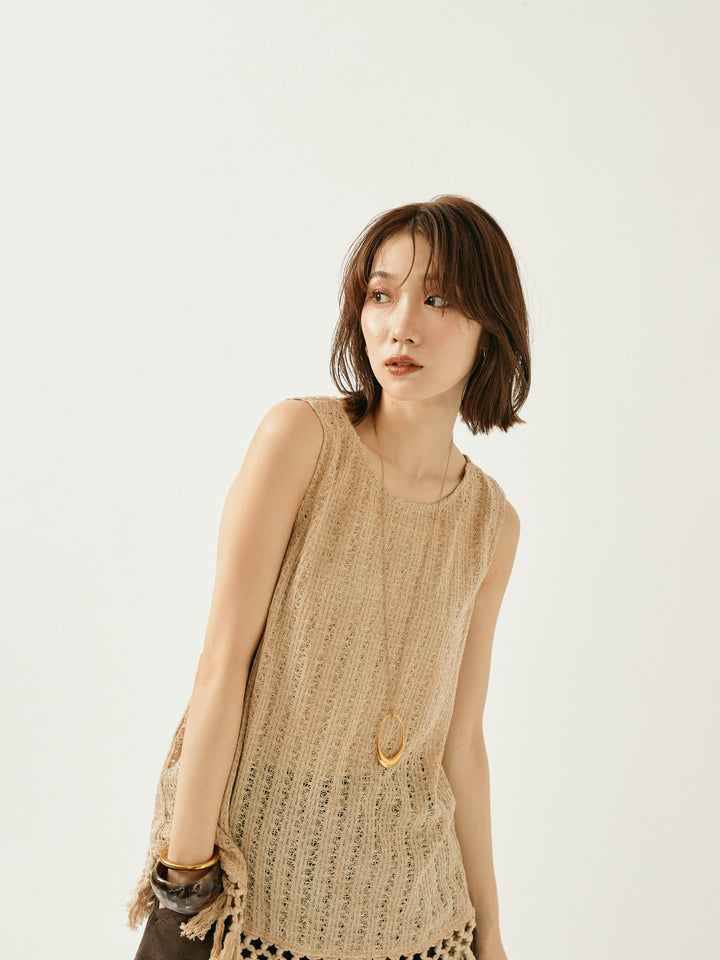 [予約]フリンジ透かし編みニットベスト/ベージュ