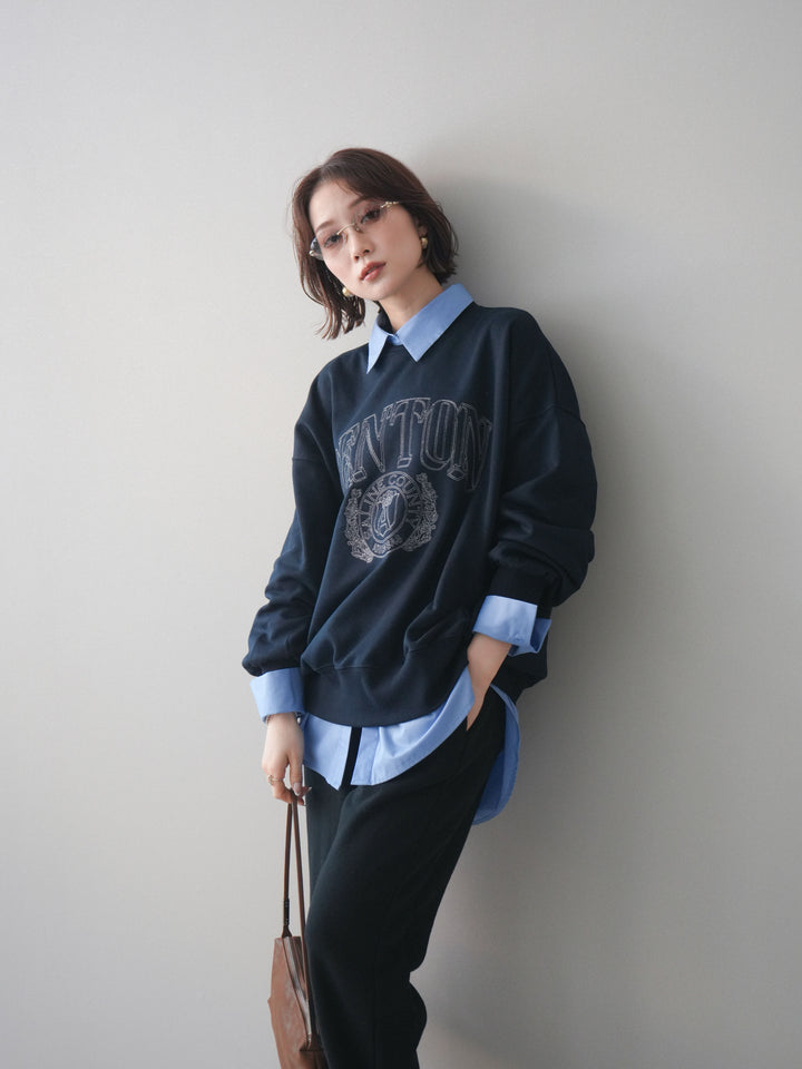 [SET]カレッジロゴ刺繍BIGスウェットプルオーバー+ボウタイ付オーバーシャツ(2set)
