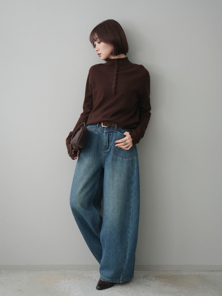 [SET]袖スカラップレースフロントボタンウールニットトップス+ベルト付裏起毛カーブデニムパンツ(2set)