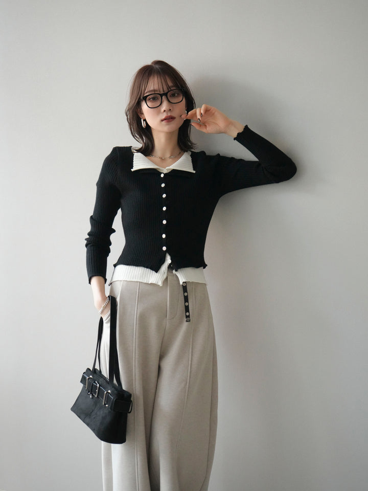 [予約]配色レイヤードリブニットカーディガン/black