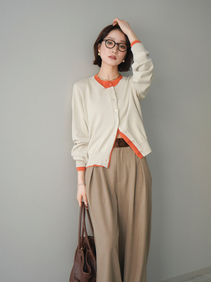 [予約]配色レイヤードコットンアクリルニットカーディガン/ivory