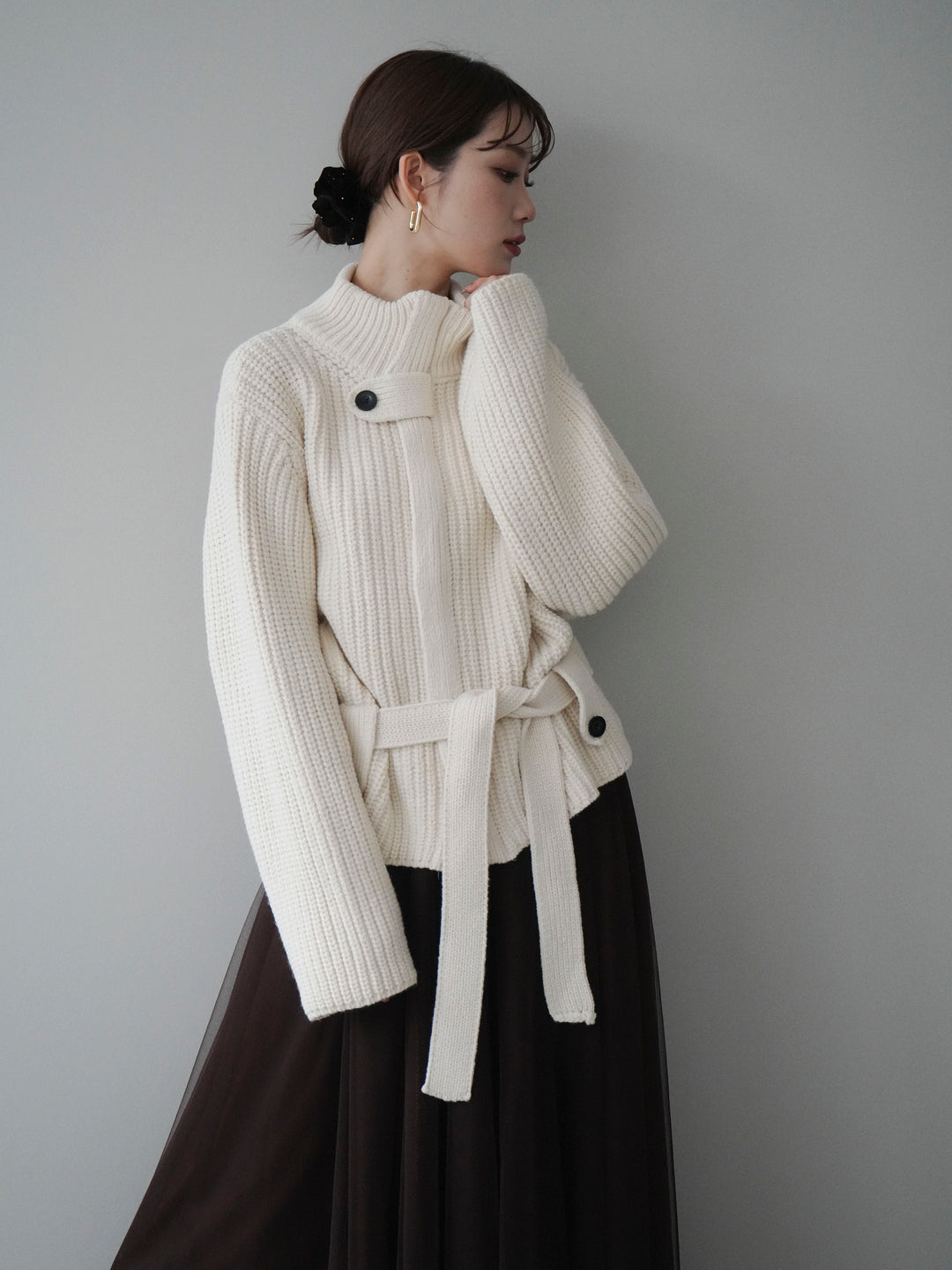 [予約]畦編みボトルネックZIPニットカーディガン/white