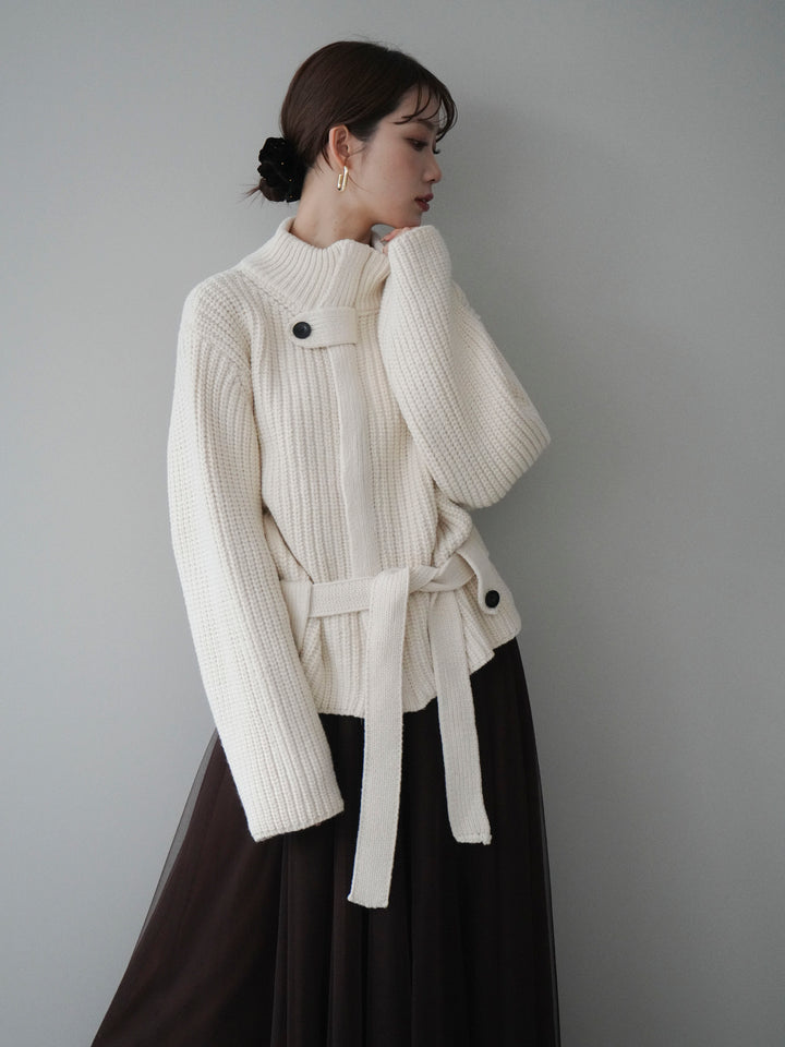 [予約]畦編みボトルネックZIPニットカーディガン/white