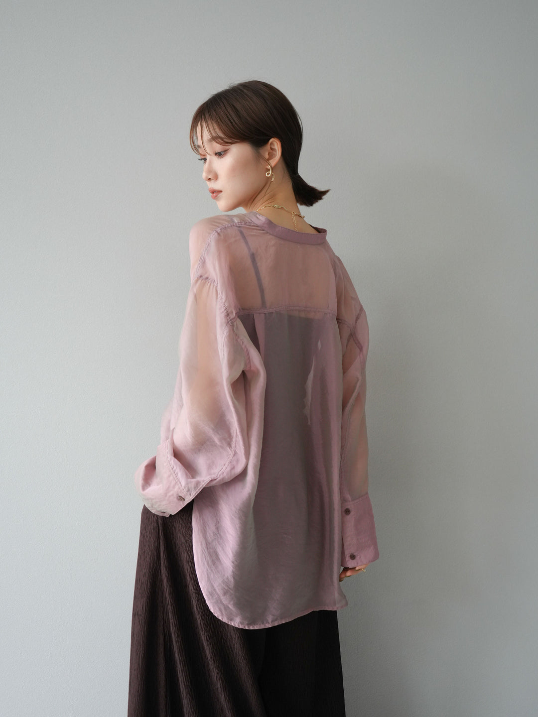 [SET] 亮面透視立領襯衫 + 柳葉寬褲 (2set)