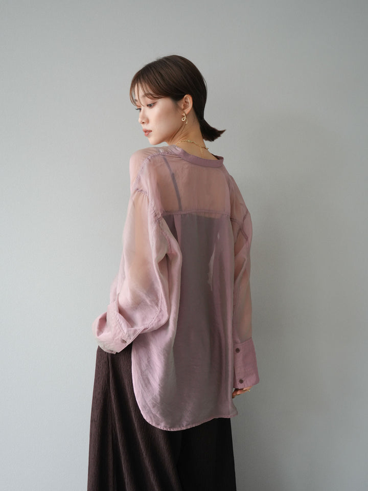 [SET] 亮面透視立領襯衫 + 柳葉寬褲 (2set)