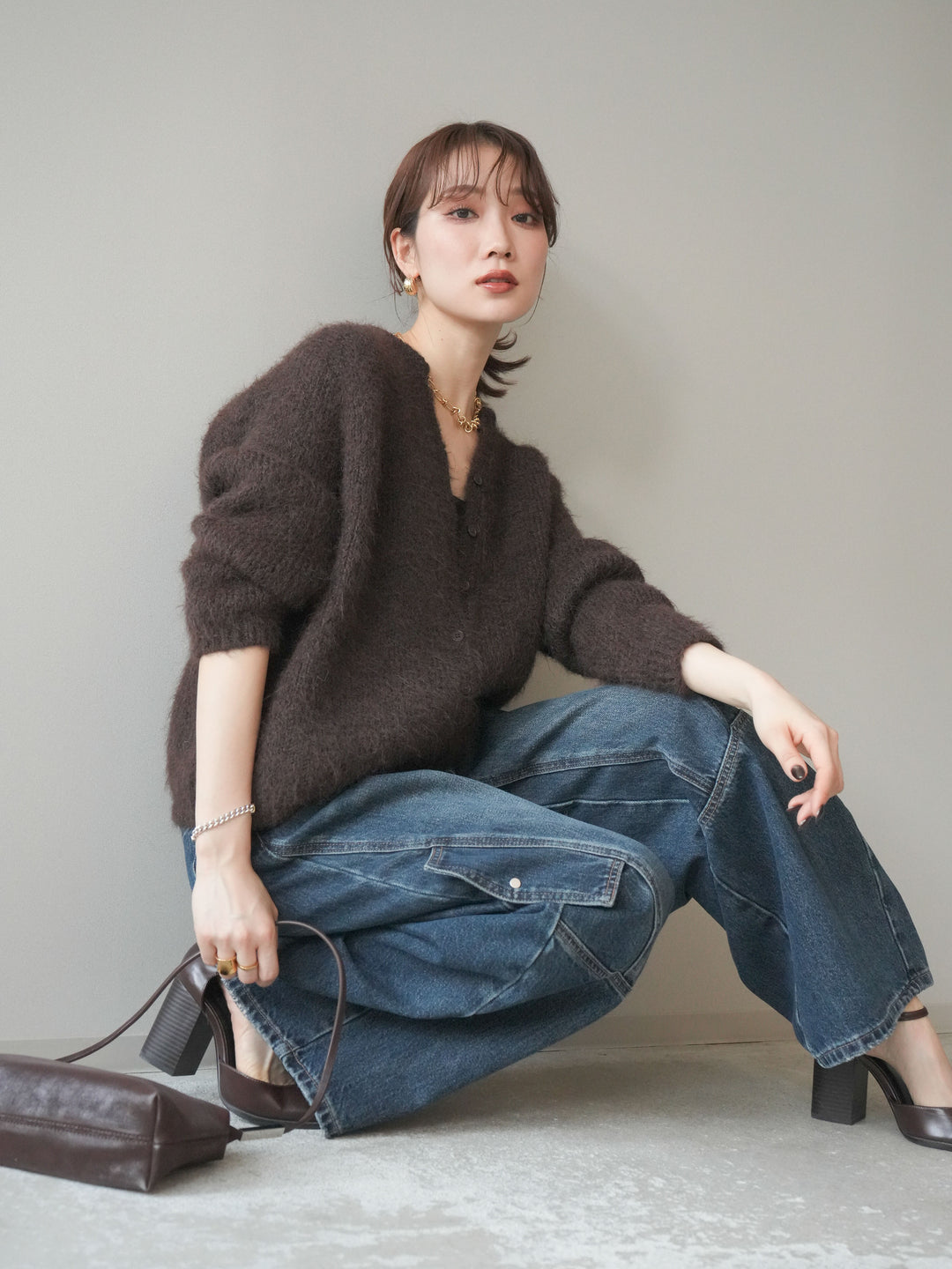 [予約]キーネックシャギーニットカーディガン/brown