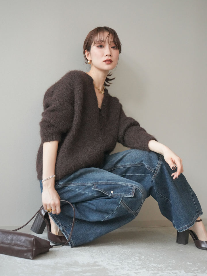 [予約]キーネックシャギーニットカーディガン/brown