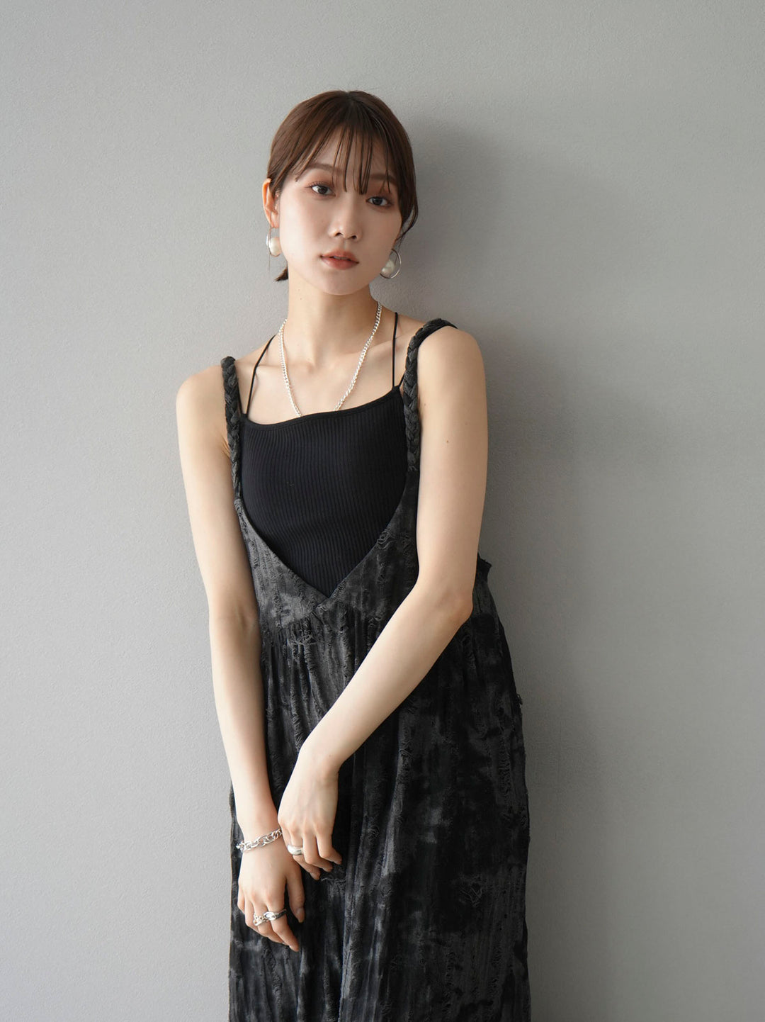 [Pre-order] Damaged Nuance Pattern Braided String Cami Dress/Black