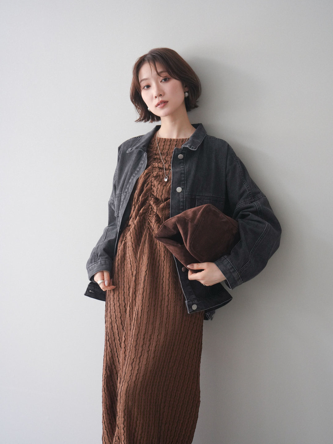 [予約]シャーリングジャガードノースリーブワンピース/brown