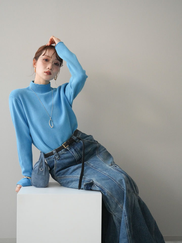 [予約]ボトルネック裾カールリブニットトップス/blue