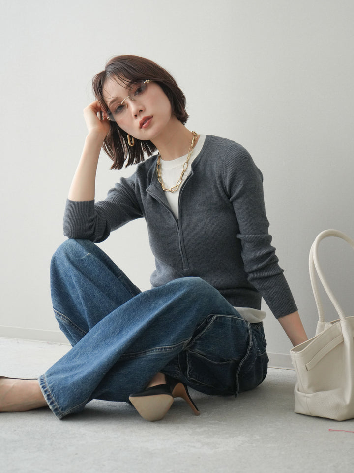 [予約]フロントジップ配色レイヤードニットトップス/gray
