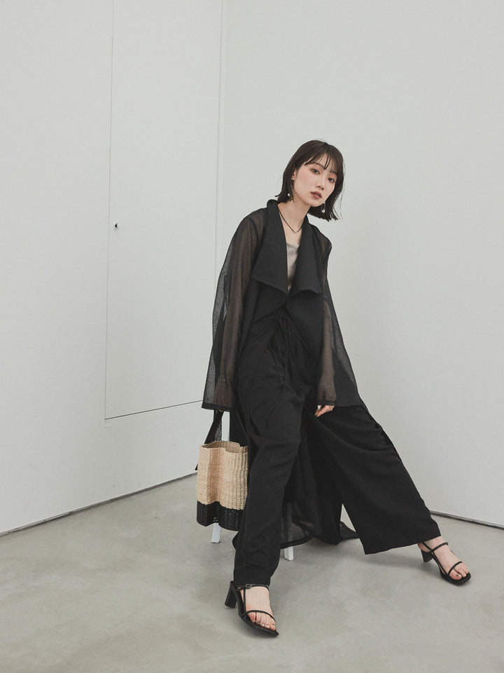 [SET] 方形天鵝絨背心 + 水洗緞層疊裙褲 + 透視長外套 (3 件套)