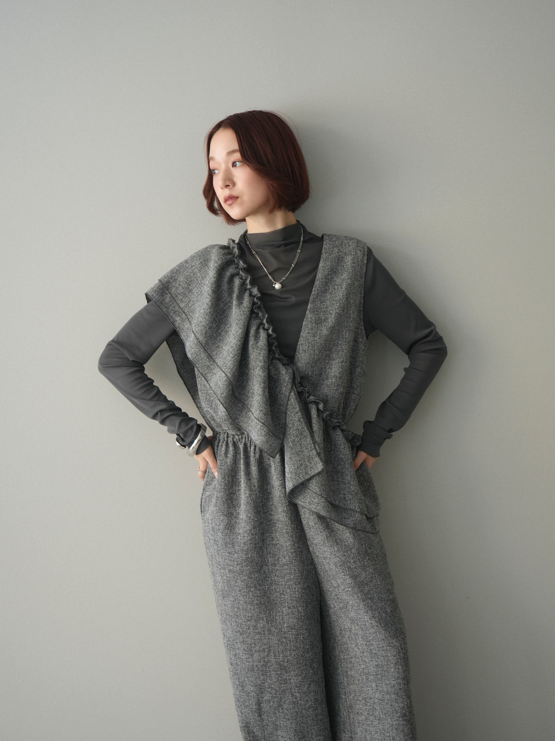 [SET]3WAYミックスツイードギャザーオールインワン+シアープチネックストレッチトップス(2set)