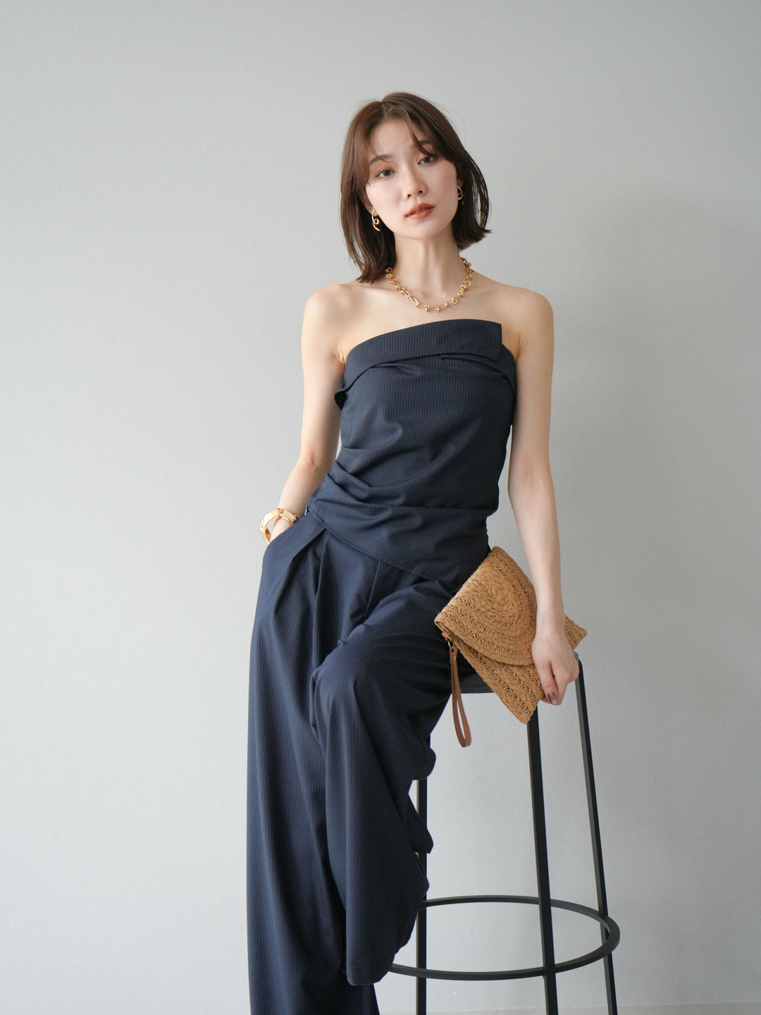 [SET] 條紋褶襉露肩上衣＆寬褲 SET UP (2set)