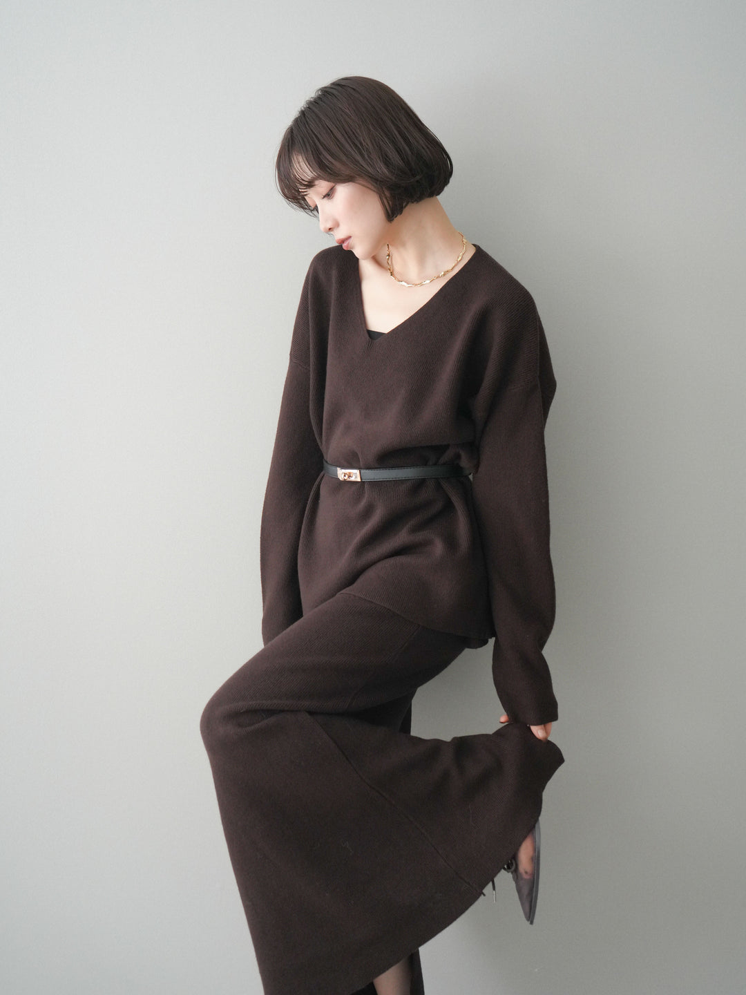 [SET]ベルト付Vネックニット＆スカートSET UP(2set)