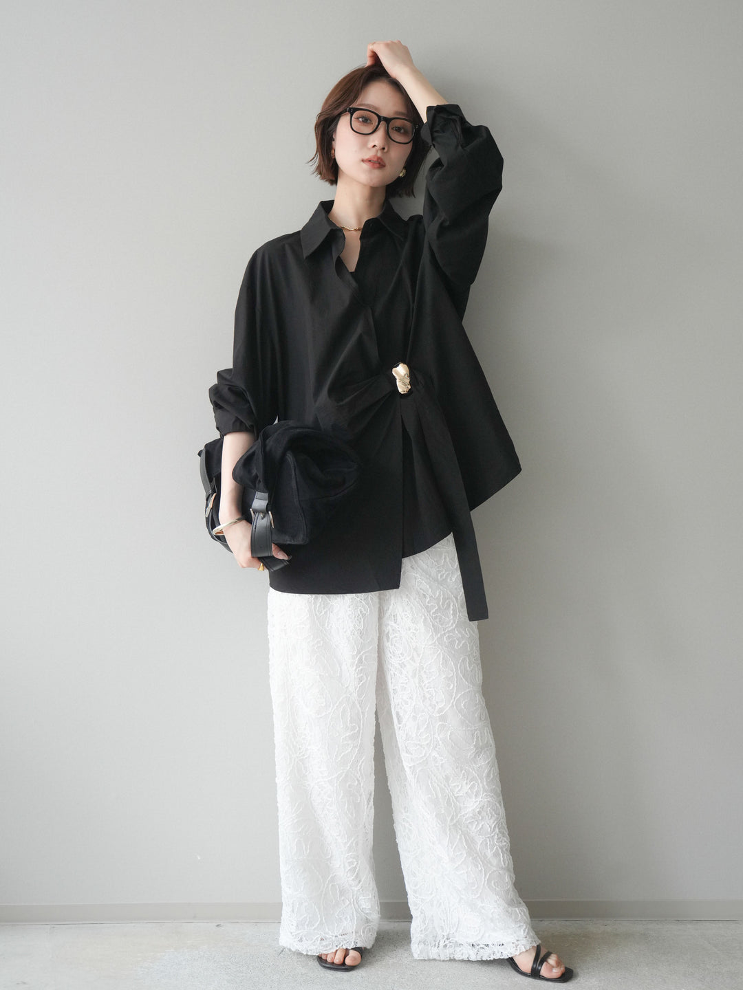 [SET]メタルパーツドレープシャツ+シアーコードレースイージーパンツ(2set)