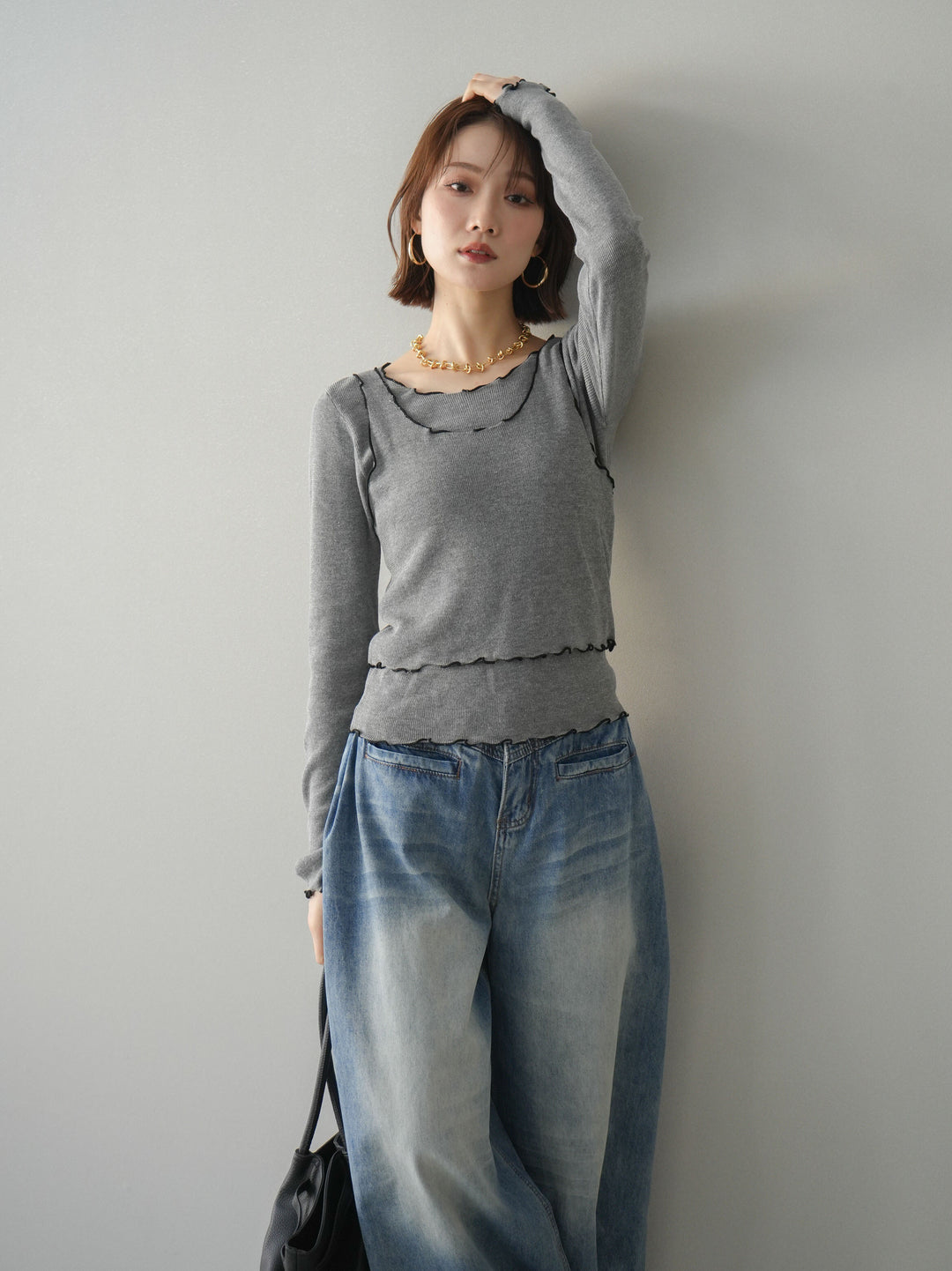 [予約]バイカラーメローアンサンブルシアーニットトップス/gray