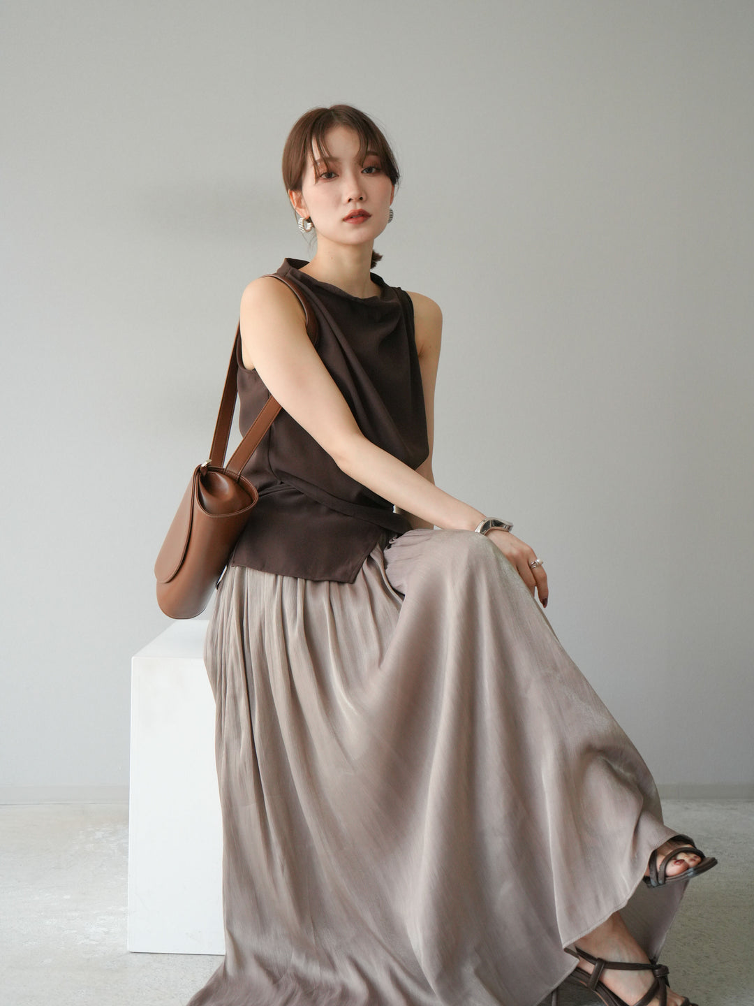 [SET]ノースリーブトップス＆シャイニーフレアスカートSET UP/(2set)