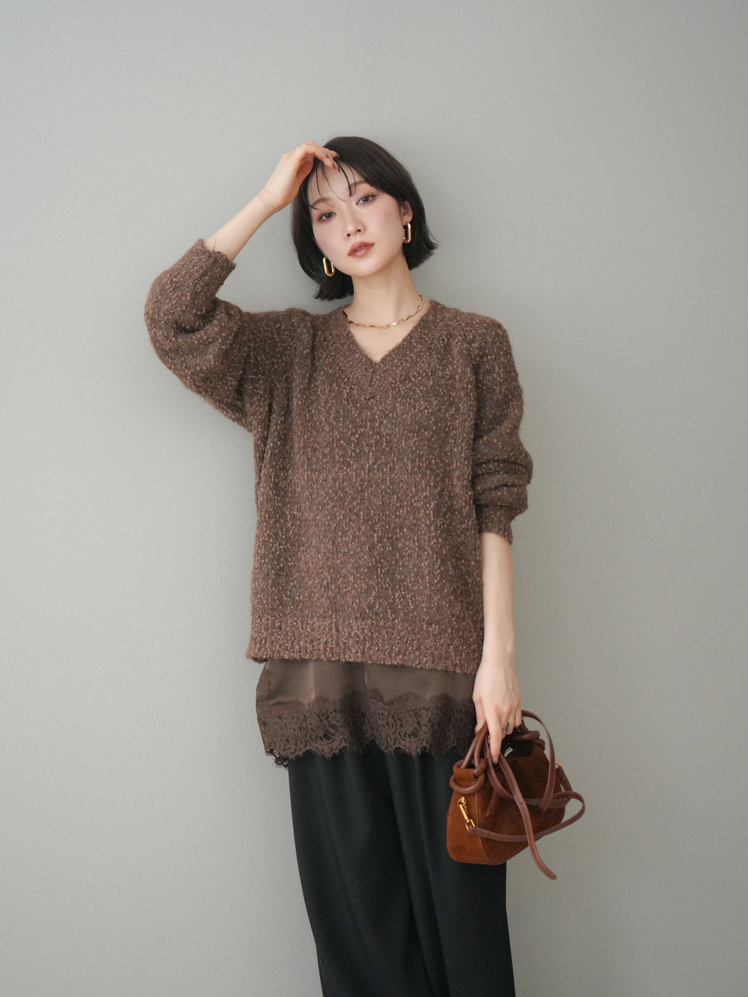 [SET]Vネックスラブニットプルオーバー+選べるアクセセット(2set)