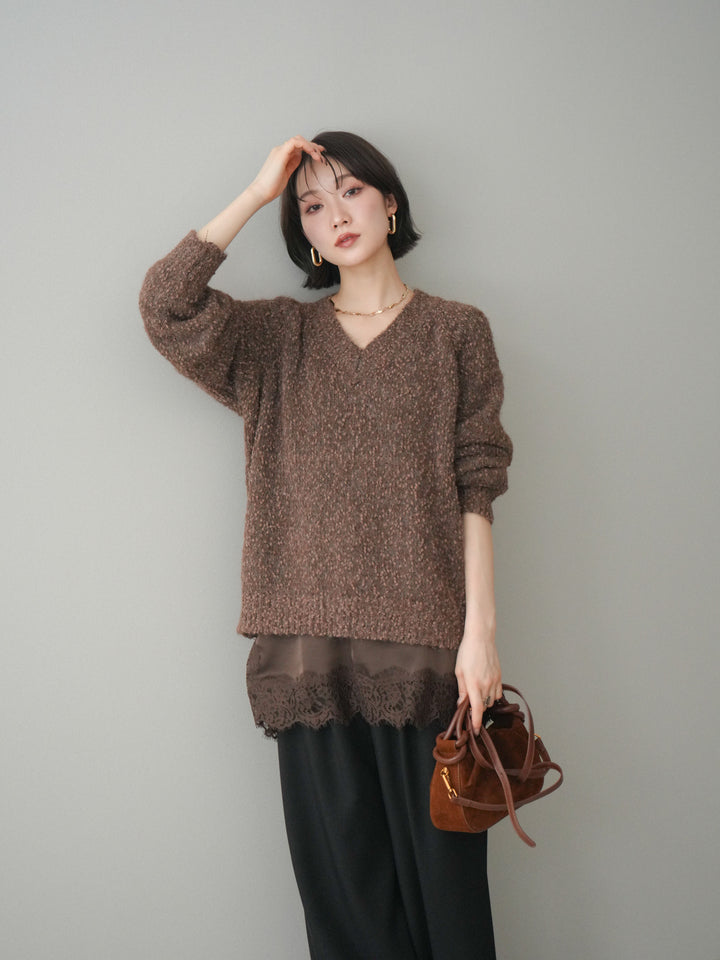 [SET]Vネックスラブニットプルオーバー+選べるアクセセット(2set)