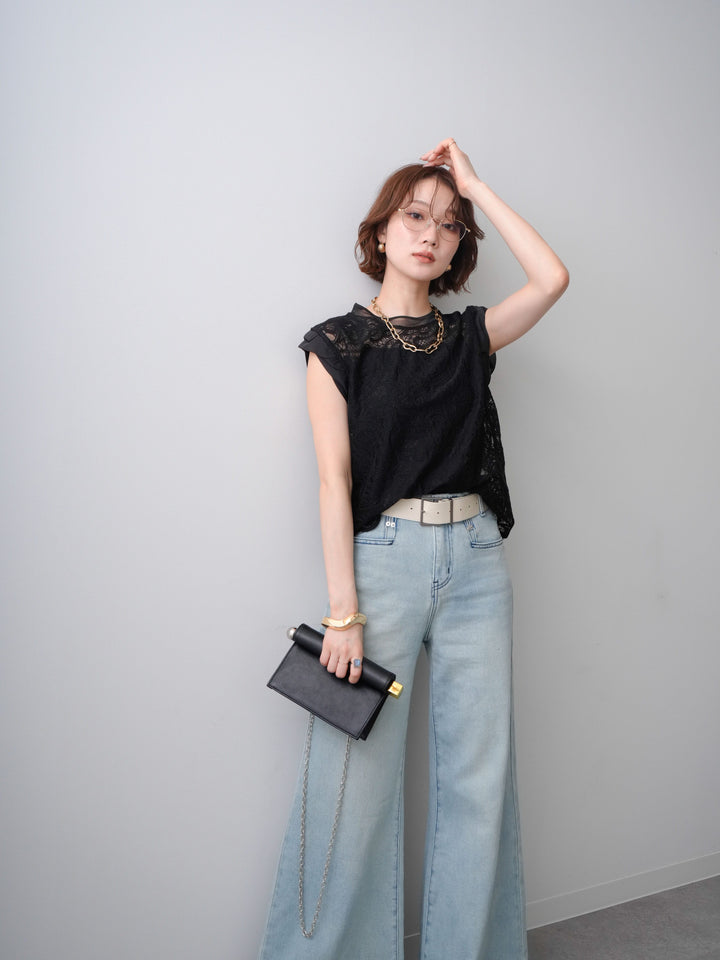 [予約]スカラップヘムレーストップス/black