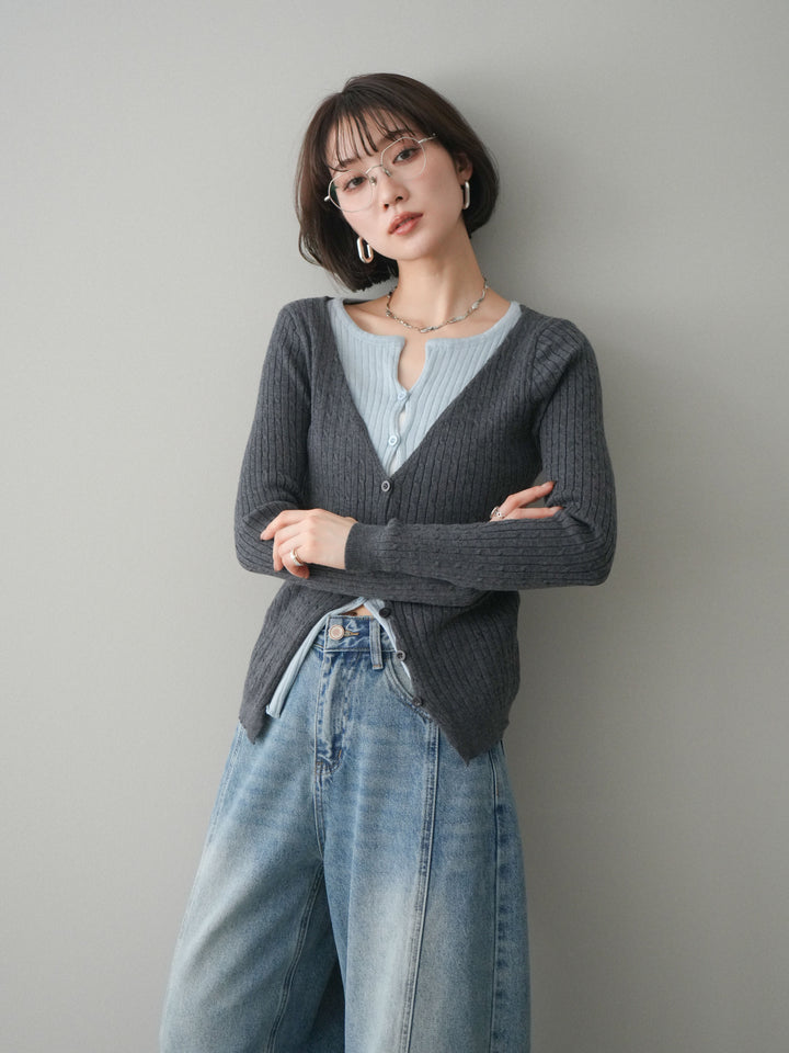 [予約]バイカラーレイヤードニットカーディガン/gray