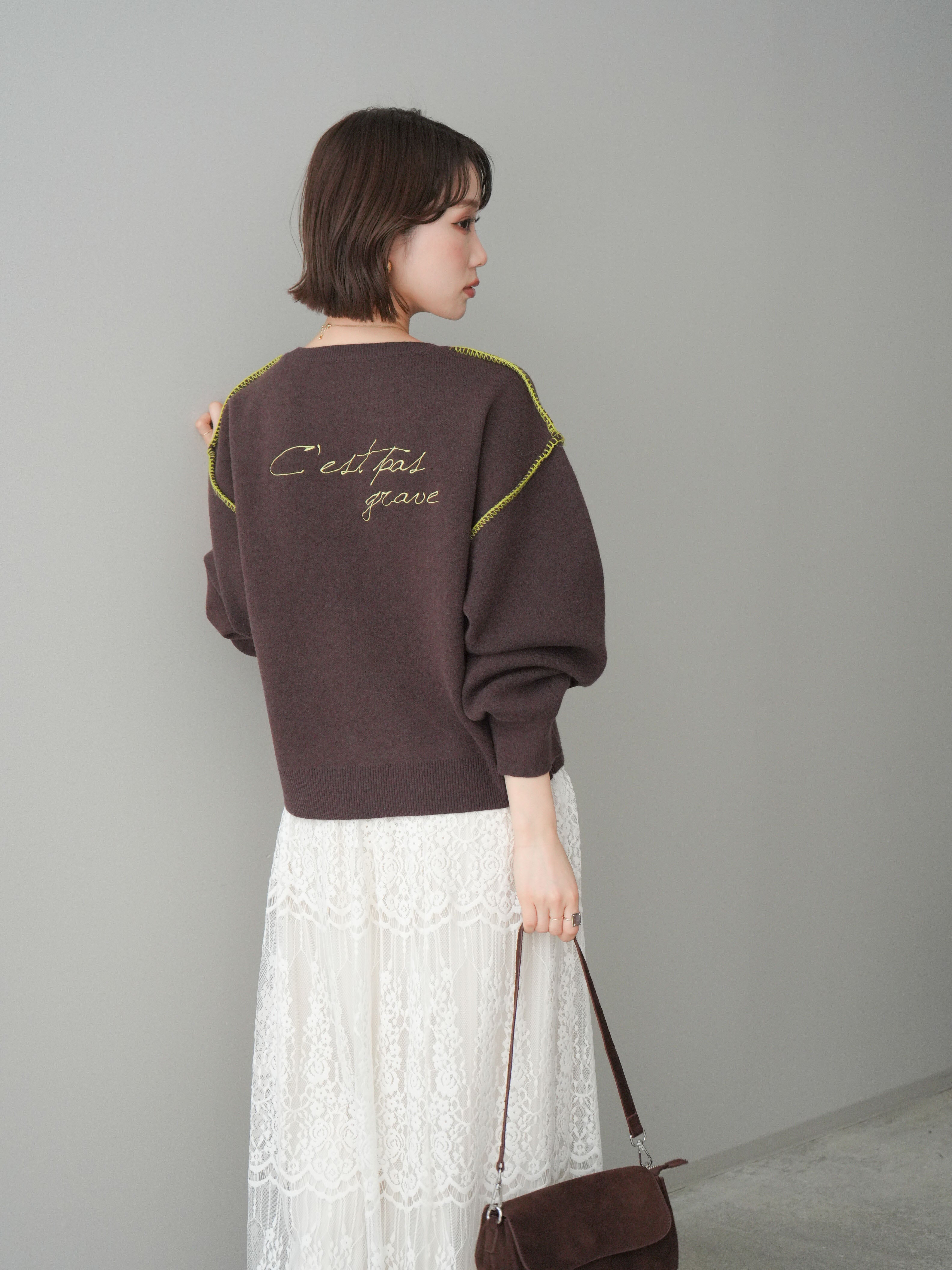 予約]バックロゴ刺繍配色ステッチニットプルオーバー/brown – Lumier