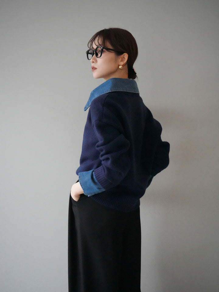 [SET]デニム襟ポロニットプルオーバー+選べるアクセセット(2set)