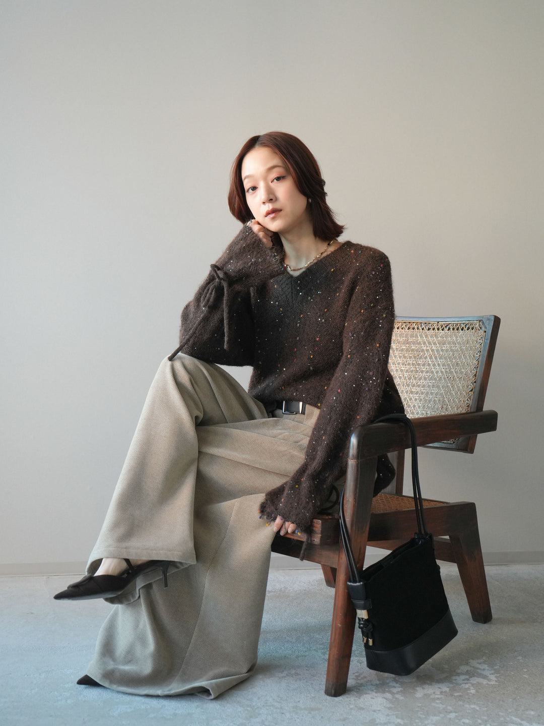 [SET]キャンディースリーブカラーネップスパンコールニットプルオーバー+ベルトデザインループコールテンワイドパンツ(ベルト付き)(2set)