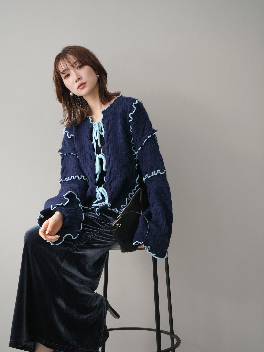 [予約]フロントリボン配色メローニットカーディガン/navy