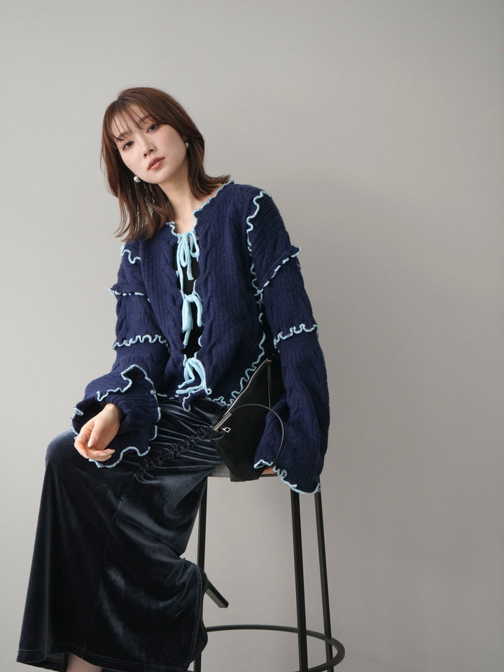 [予約]フロントリボン配色メローニットカーディガン/navy