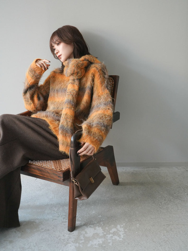 [予約]ストール付シャギーマルチボーダーニットプルオーバー/yellow