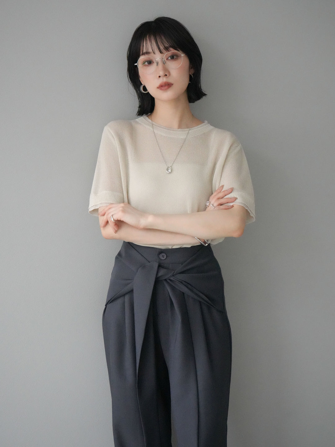 [SET]リネンタッチ配色二重臼ハーフニットトップス+ウエスト巻きデザインワイドパンツ(2set)