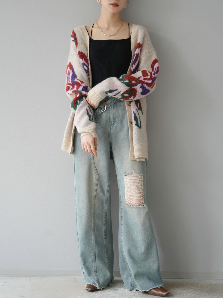 [予約]フラワー柄ゴールドボタンVネックニットカーディガン/アイボリー